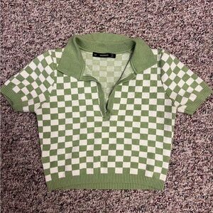 Hesperus Green Checkerboard Knit Polo Top | Y2K Retro
